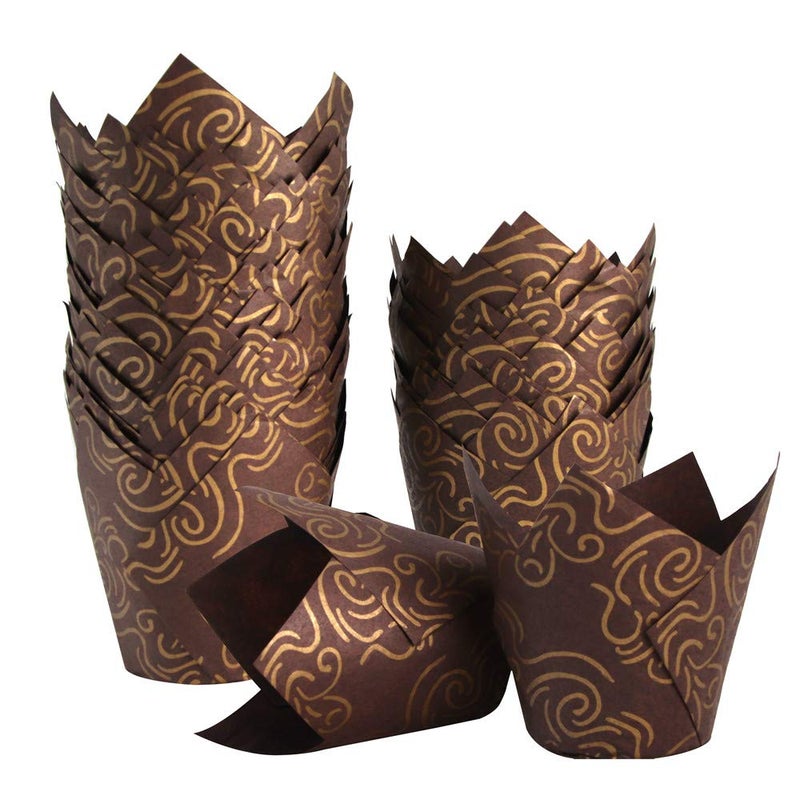STARUBY 150pcs Tulip Cupcake Liners Baking Cups Muffin Liner Grease-Proof Paper Cupcake Wrappers for Wedding, Birthday Party, Standard Size (Golden Printed, Brown) - Image 1